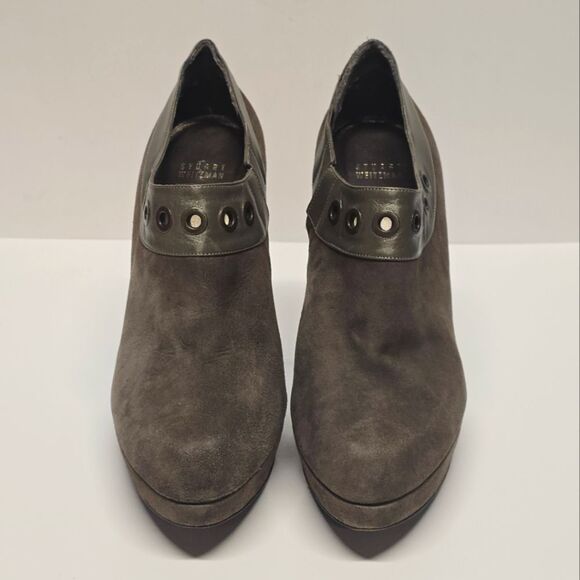 Stuart Weitzman Grommets Heeled Ankle Booties Taupe Gray Brown Suede Size 10 - Picture 2 of 8